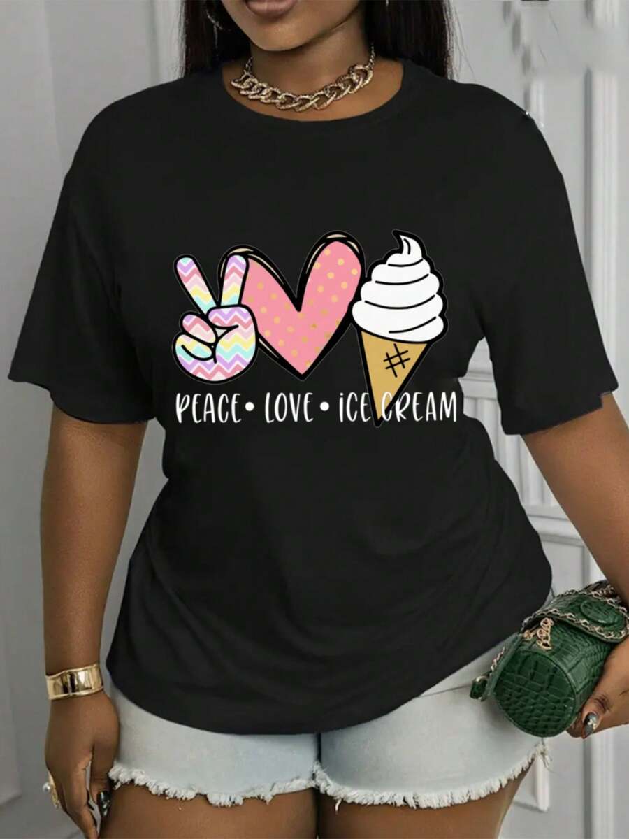 Suave, transpirable y ligera para comodidad durante todo el día. Camiseta casual de cuello redondo para primavera/verano, estampada con las palabras "Peace, Love, Ice Cream".Lavable a máquina.Prendas elegantes para combinar, adecuadas para vacaciones y ocasiones especiales.Elegante y versátil, confeccionado con un tejido cómodo, adecuado para el uso estacional. Cuello redondo clásico con un corte relajado que favorece todas las formas del cuerpo y es fácil de combinar con jeans, pantalones cortos y leggings. - Negro - Ver 1