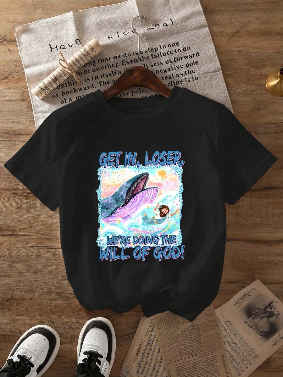 Camiseta de Mujer con Estampado de la Voluntad de Dios, Manga Corta, Cuello Redondo, Estilo Casual, Adecuada para Verano y Primavera, Ropa de Mujer - Negro - Ver 1