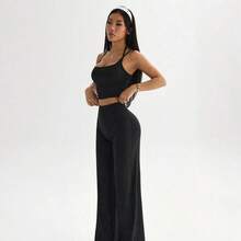 Yunuo Menswear Dewbera Conjunto de top corto de tirantes y leggings de cintura alta de unicolor para mujer, para uso diario, yoga y deporte - Marrón - Ver 6
