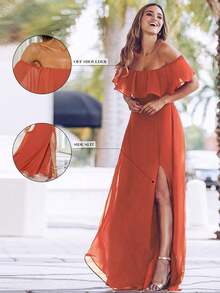 Vestido de dama de honor amarillo con volantes en los hombros, abertura alta y silueta A, adecuado para bodas de primavera/verano, fiestas, playa y vacaciones - Naranja Quemada - Ver 3