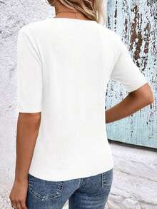 Blusa de punto de manga corta regular con cuello en V casual y versátil - Blanco - Ver 2