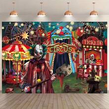 1 pieza de tela de fondo con tema de circo malvado de Halloween, tela de fondo de fotografía de Halloween, diseño de carnaval de terror de payaso, decoración de fiesta de terror, decoración de fiesta de cumpleaños de terror, adecuado para cumpleaños, fiestas temáticas, decoración de baile de disfraces de Halloween, decoración del hogar, fondo de accesorios para fotomatón. - Multicolor - Ver 1