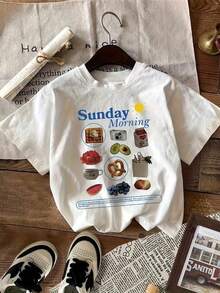Camiseta de algodón puro 100% de 180g para mujer, diseño "Sunday, Food, Morning", cuello redondo relajado, corte holgado, tacto suave, material transpirable. - Blanco - Ver 6