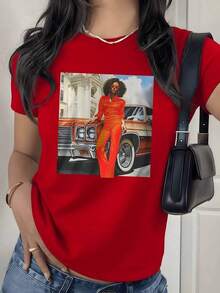 Women's Retro Car Graphic Print T-Shirt, 180g, 1 Piece, Vintage Urban Style, 100% Cotton Casual T-Shirt, Classic Urban Fashion - 紅色 - 查看 9