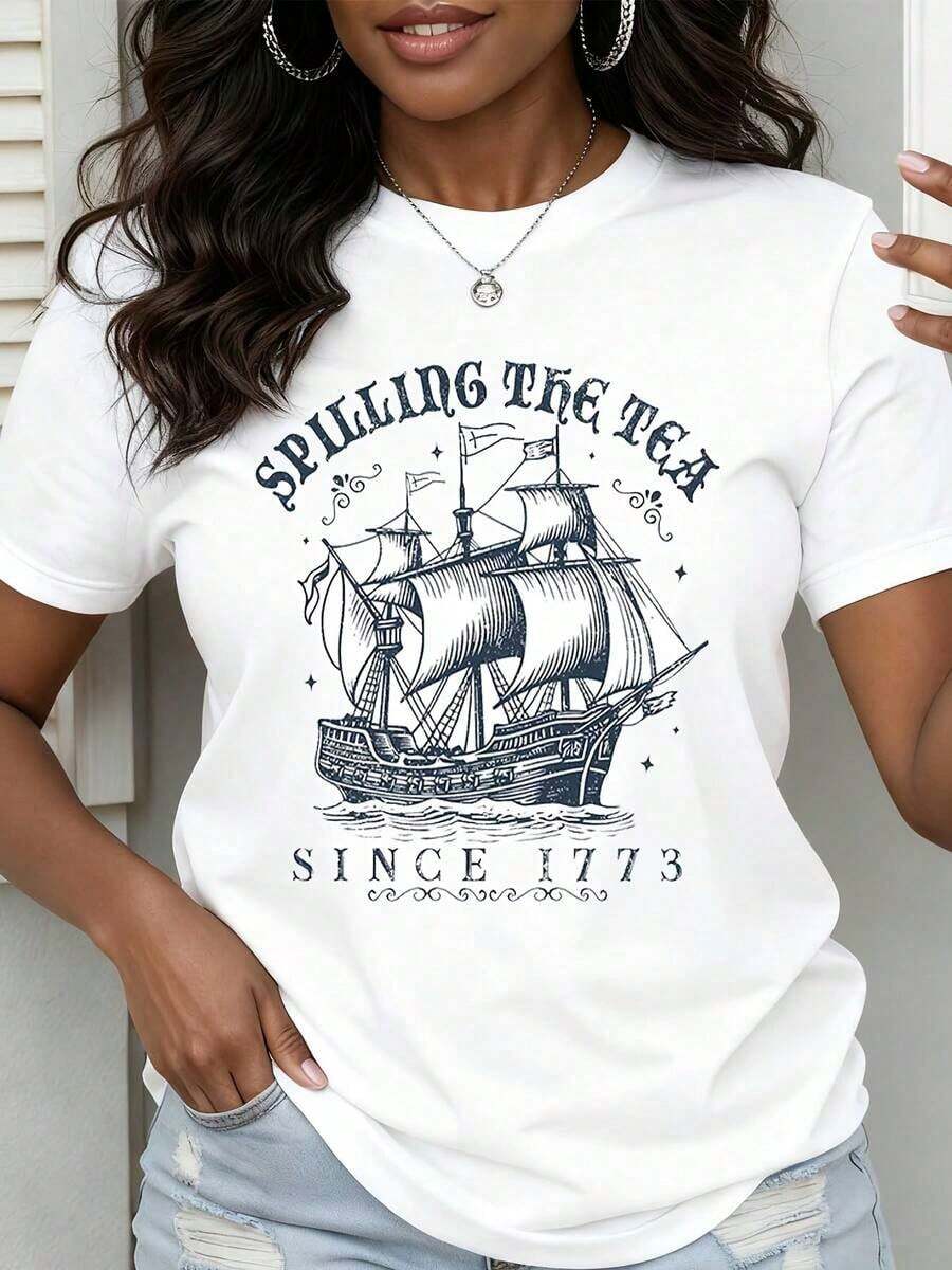 Spilling The Tea Since 1773 Camiseta con Gráfico de Barco Pirata para Mujer, Estilo Casual de Manga Corta - Estilo Urbano Vintage, Unisex, Holgada, de Algodón, Cuello Redondo, 100% Algodón - Blanco - Ver 1