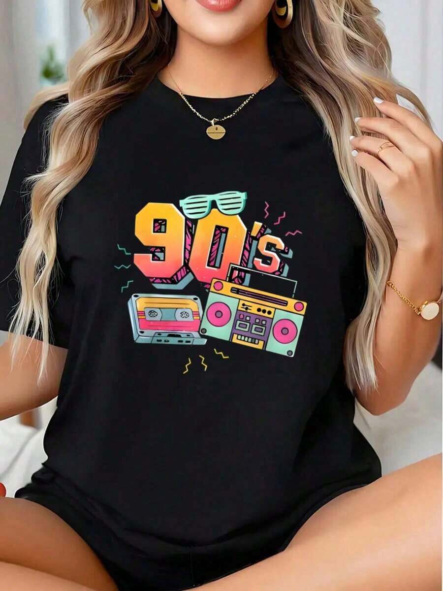 Camiseta de fiesta retro de los 90 con diseño de boombox y cinta de casete para un estilo nostálgico - Estilo callejero vintage, unisex, de algodón, manga corta, cuello redondo, 100% algodón. - Negro - Ver 1