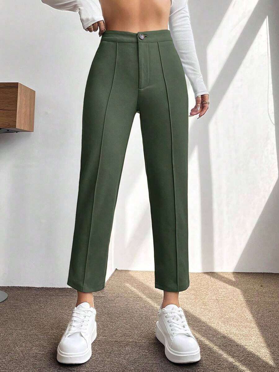 PETITE Pantalones De Mujer De Primavera De Cintura Alta Con Pliegue Prensado Cónico - Verde Oliva - Ver 1