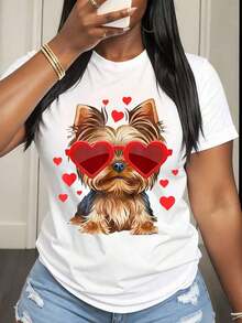 Camiseta Casual para Mujer con Estampado de Perro Yorkie con Gafas de Sol en Forma de Corazón y Corazones para el Día de San Valentín y Uso Diario - Blanco - Ver 6