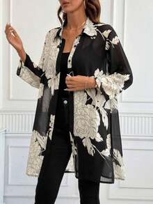 Clasi Blusa suelta de moda con estampado floral y mangas enrollables para mujer - Negro - Ver 7