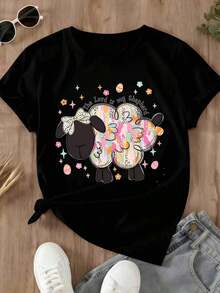 Oferta por tiempo limitado, cantidad limitada disponible,  relámpago, camisas de mujer, camisetas de mujer Camiseta para mujer con diseño de oveja adorable y texto <<El Señor es mi pastor» - Estampado gráfico con temática de Pascua - Negro - Ver 2