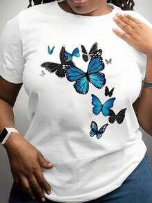 100% algodón, Camiseta de mujer, 100% algodón, Camiseta de mujer, Talla grande, Camiseta casual de manga corta para mujer, Estampado de mariposas en negro y azul, Top de verano, Moda urbana - Blanco - Ver 1