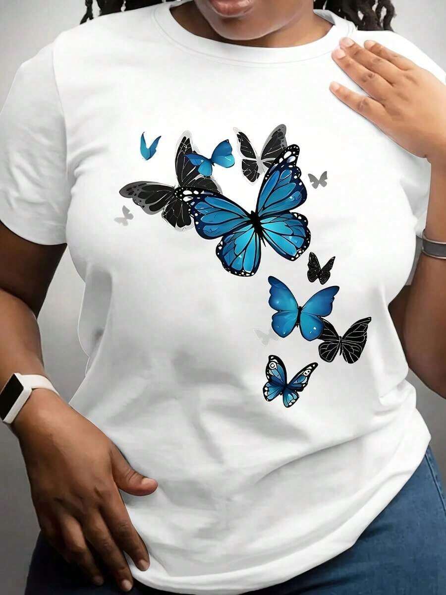 100% algodón, Camiseta de mujer, 100% algodón, Camiseta de mujer, Talla grande, Camiseta casual de manga corta para mujer, Estampado de mariposas en negro y azul, Top de verano, Moda urbana - Blanco - Ver 1