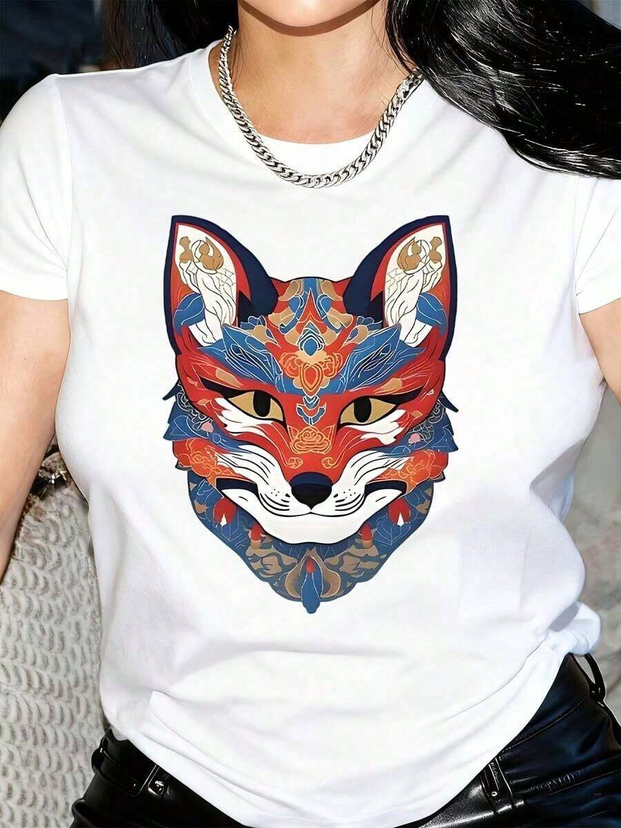 1 camiseta casual de manga corta para mujer con estampado vibrante de gato de dibujos animados y geometrías, cuello redondo, lavable a máquina, ajuste cómodo para todas las estaciones, camiseta gráfica divertida, tela no transparente. - Blanco - Ver 1