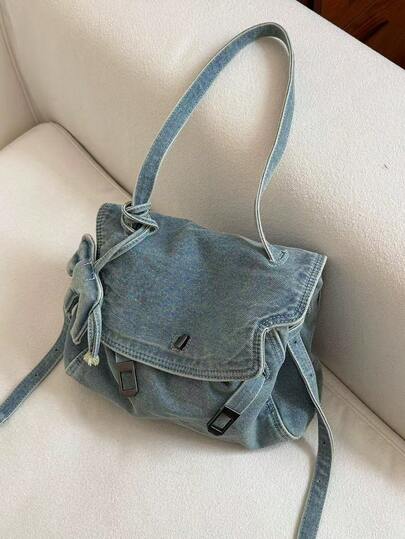 Túi đeo chéo denim wash mới mùa Xuân/Hè 2026, túi tote cỡ lớn kiểu retro có nắp gập, túi đeo vai và đeo chéo đa năng dành cho nữ.
