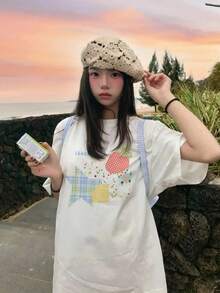 Camiseta casual de manga corta para mujer, con estampado, cuello redondo holgado, camisa duradera adecuada para primavera y verano, lavable a máquina, estilo holgado y cómodo, versátil y de - Blanco - Ver 1