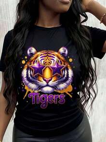 Camiseta de Diseño de Gafas de Sol Tiger Star para Mujer, Camiseta Gráfica de Moda, Estampado de Tigres Morados y Dorados, Top Casual, Playera Holgada para Mujer - Negro - Ver 1