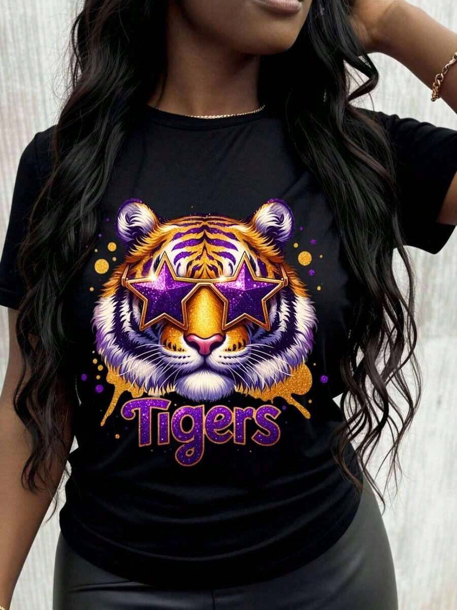 Camiseta de Diseño de Gafas de Sol Tiger Star para Mujer, Camiseta Gráfica de Moda, Estampado de Tigres Morados y Dorados, Top Casual, Playera Holgada para Mujer - Negro - Ver 1