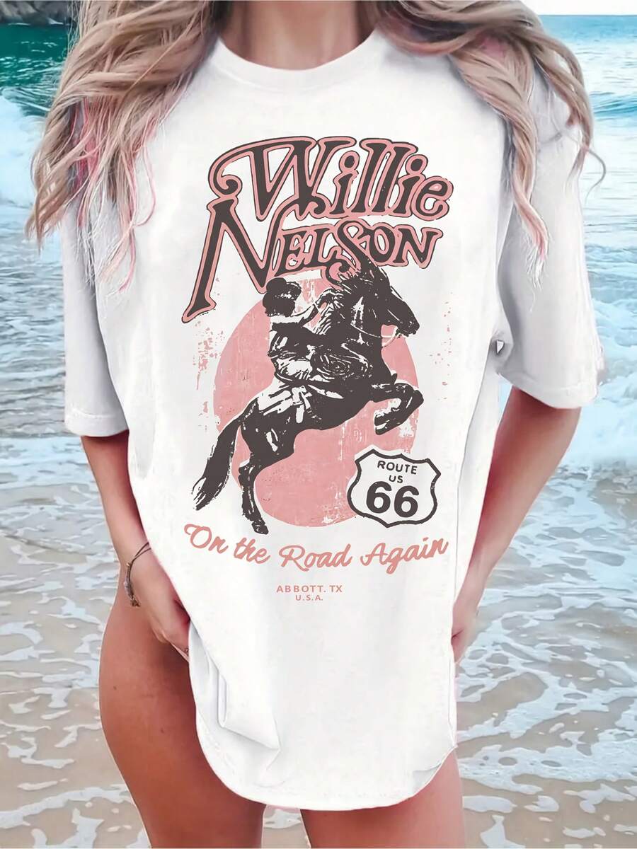Camiseta con Estampado de la Firma de "On the Road" - Diseño Vintage de Mezclilla, Lavable a Máquina, Camiseta Retro Adecuada para Hombres y Mujeres, Prenda Casual Icónica de para Viajes - Estilo - Ver 1