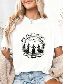 1 camiseta de Halloween para mujer - Estampado de silueta de bruja y murciélagos con la frase "Dios prohíbe que las mujeres tengan pasatiempos", 180g, ligera y elástica, manga corta, cuello redondo, estilo casual, tallas S-2XL, blanca con gráfico negro, 100% algodón. - Blanco 3 - Ver 9
