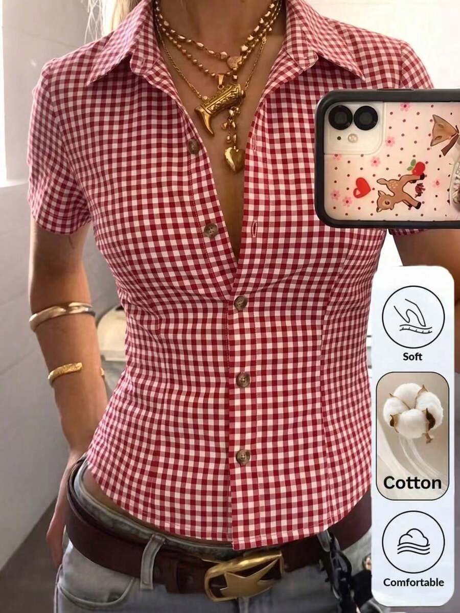 女士格子衬衫，优雅收腰修身版型，翻领前襟纽扣，休闲通勤夏季上衣 - 紅色 - 查看 1