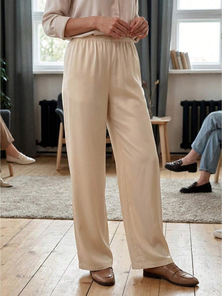 Pantalones para Mujer Marrón Sólidos, Cintura Elástica y Pierna Ancha Larga, Elegantes para Uso Casual y Fin de Semana en Verano - Amarillo - Ver 1