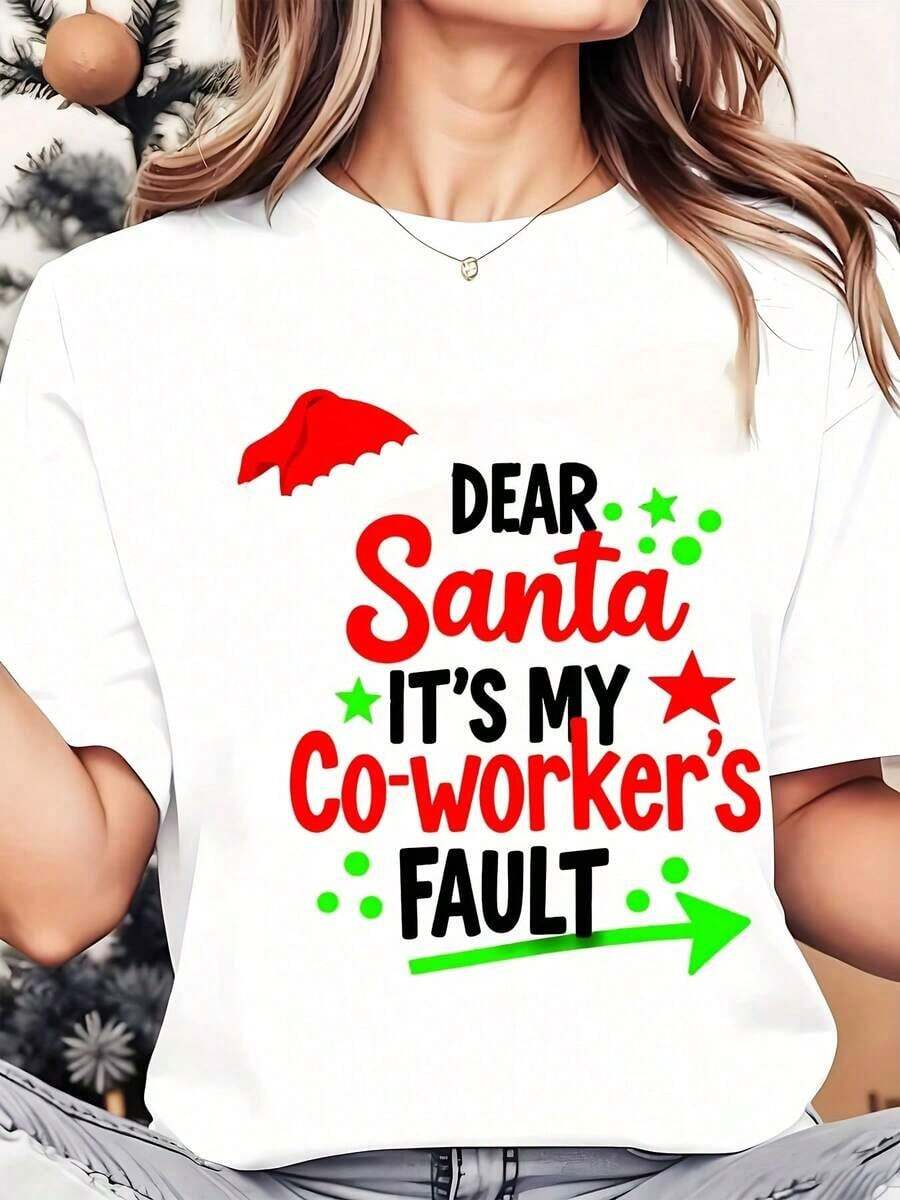 Camiseta de Mujer "Querido Santa, Es Culpa de Mis Compañeros de Trabajo" con Estampado Navideño, Cuello Redondo, Uso Diario Casual, Suave y Cómoda, Top Festivo 220g, Playera Holgada para Mujer - Blanco - Ver 1