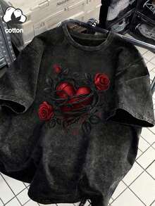 Camiseta de mujer talla grande con estampado de corazón de rosa con espinas, estilo callejero retro Y2K punk, blusa de verano casual de talla grande - Negro - Ver 1