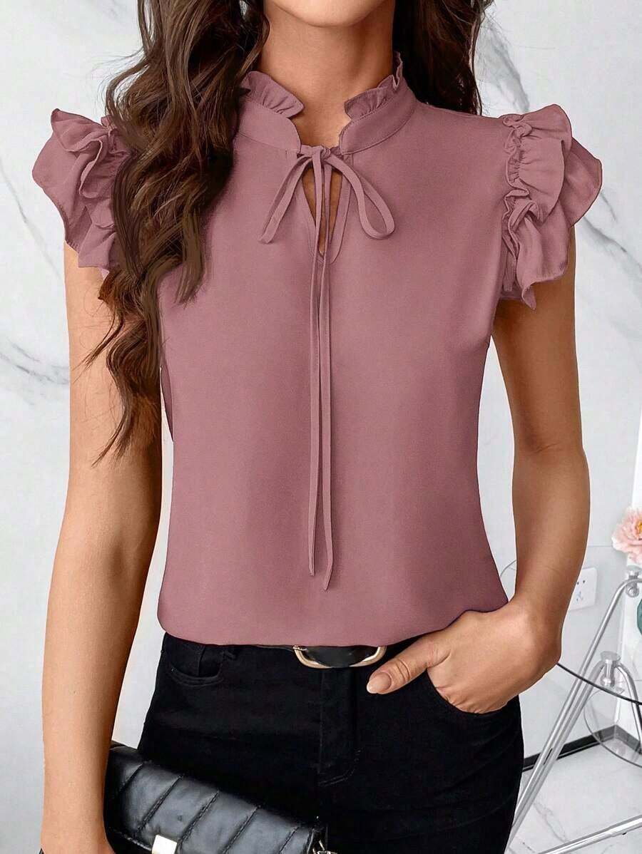 Blusa con cuello de corbata y volantes para el Día de la Mujer - Rosa vieja - Ver 1