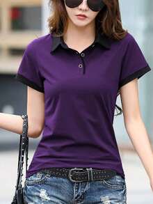 Camiseta casual de manga corta y cuello tipo polo, para mujeres, suelta y de bloque de color de verano - Morado - Ver 5