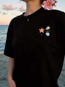 Camiseta de Mujer con Estampado de Estrellas de Mar y Conchas de Nemo - Manga Corta, Cuello Redondo, Ropa Casual de Verano para la Playa, con Tela de Elasticidad Media, Adecuada para Atuendos Diarios de Primavera, Verano y Otoño y 'Noches de Cine'. - Negro - Ver 4