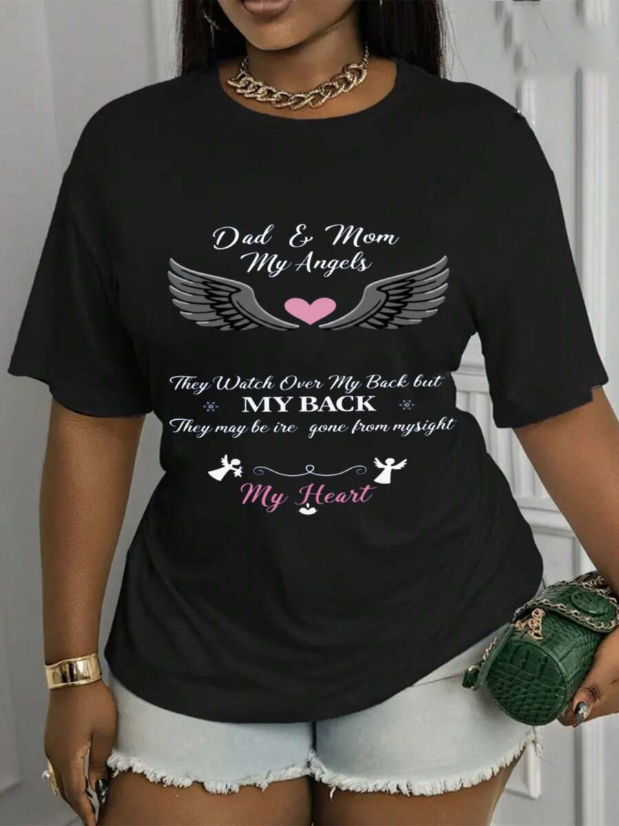 Suave, transpirable y ligera para comodidad durante todo el día. Camiseta estampada para mujer: presenta un diseño conmovedor – "Mamá y papá, mis ángeles de la guarda; protegen mi espalda, aunque puedan haber desaparecido de mi vista, siempre permanecerán en mi corazón." Transpirable y cómoda, adecuada para usar en primavera, verano y otoño, lavable a máquina. Cuello redondo clásico con un corte relajado que favorece todas las formas del cuerpo y es fácil de combinar con jeans, shorts y leggings. - Negro - Ver 1