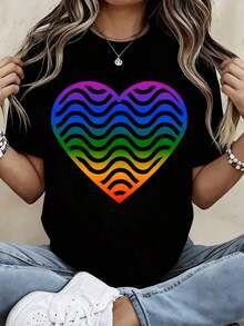 Camiseta con Estampado de Corazón Arcoíris y Ondas, Estilo Casual Deportivo para Uso Diario - Estilo Urbano Vintage, Unisex, de Algodón, Manga Corta, Cuello Redondo, 100% Algodón - Negro - Ver 7