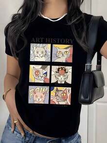 Camiseta con Estampado Gráfico de Estilos de Arte de Gatos, 180g, 1 Pieza, Camiseta Casual Artística para Mujer, 100% Algodón, Estilo Vintage Retro, Top de Moda Estética - Negro - Ver 1