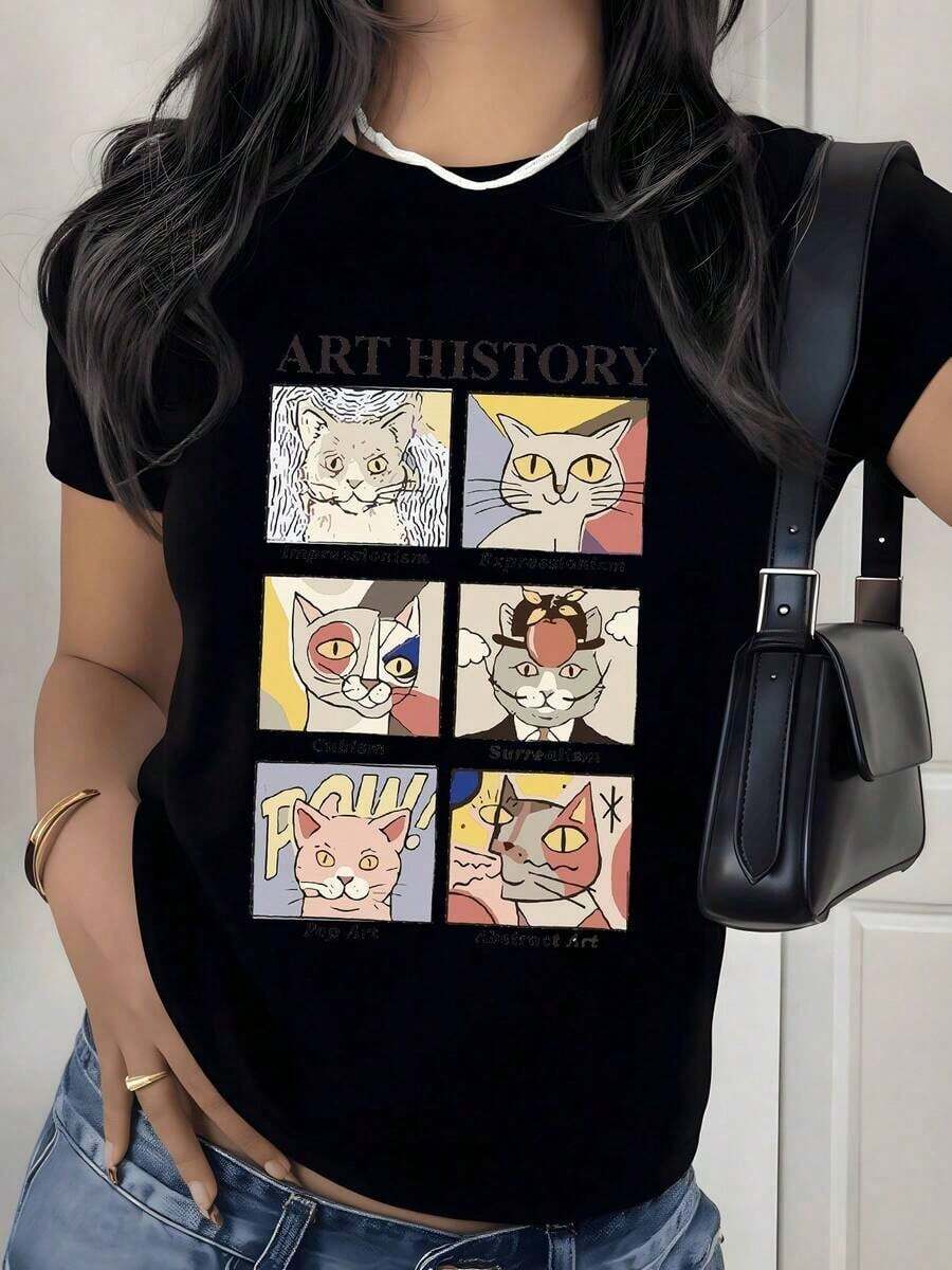Camiseta con Estampado Gráfico de Estilos de Arte de Gatos, 180g, 1 Pieza, Camiseta Casual Artística para Mujer, 100% Algodón, Estilo Vintage Retro, Top de Moda Estética - Negro - Ver 1
