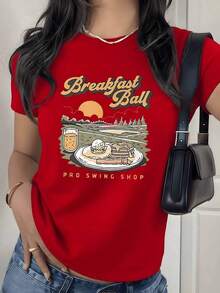 Camiseta con Estampado Gráfico Temático de Desayuno, 180g, 1 Pieza, Estilo Casual para Mujer, 100% Algodón, Estilo Vintage Retro - Rojo - Ver 9