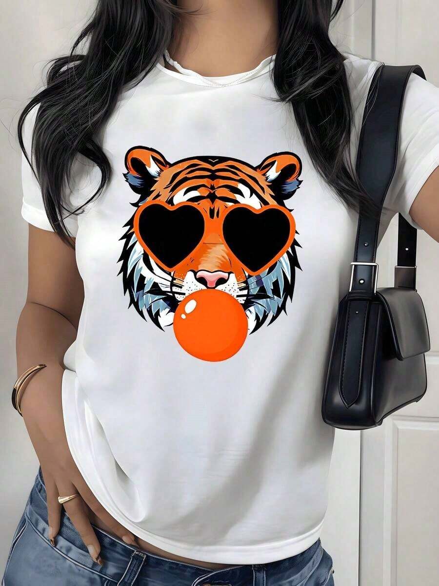 Camiseta con estampado gráfico de goma de mascar y gafas de sol con corazón de tigre, 180g, 1 pieza, para amantes de los animales, casual para mujer, 100% algodón, estilo streetwear. - Blanco - Ver 1