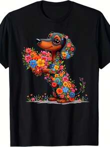 Camiseta de Dachshund para Hombre y Mujer con Flores de San Valentín - Camiseta Gráfica Retro de Algodón Grueso, Estampado de Perro Dachshund y Flores, Unisex, Casual, Cuello Redondo, Manga Corta para Amantes de Mascotas. Camiseta de Algodón para Familias Coordinadas. - Negro - Ver 7
