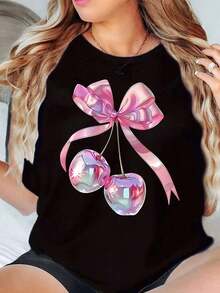 100% algodón, Camiseta de mujer con estampado de lazo de cereza, cuello redondo, casual, regalo de verano, camiseta para mujer. - Negro - Ver 1