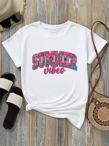 Camiseta de Mujer Casual de Corte Holgado, Opciones en Blanco y Negro, Estampado Floral 'SUMMER Vibes', Camiseta Gráfica para Uso Diario de Verano, Blusas de Verano, Camisetas Gráficas, Conjuntos de Verano, Camisetas Gráficas para Mujer, Tops Cortos para Mujer, Blusas Vintage de Algodón, Ropa Linda para Mujer, Playera Holgada para Mujer - Blanco - Ver 2
