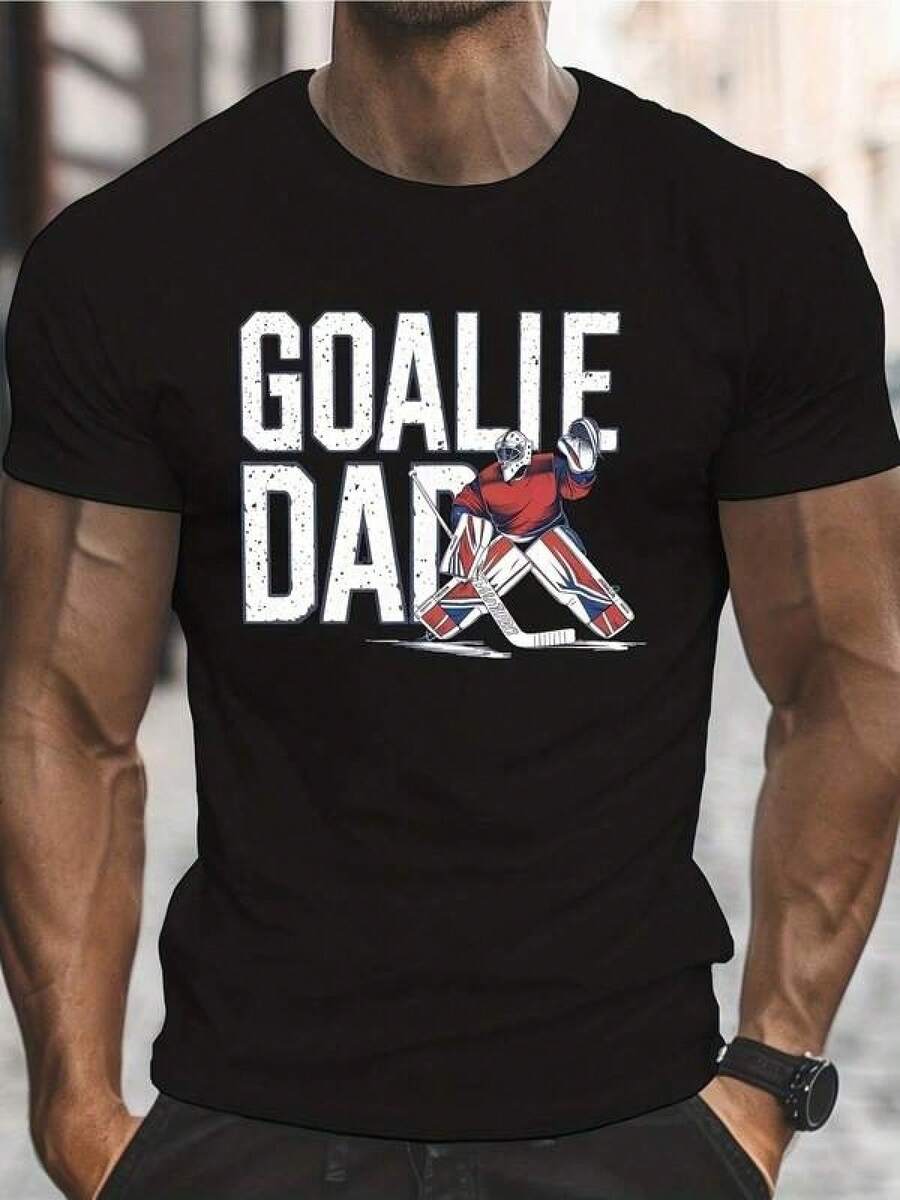 Camiseta Vintage de Portero de Hockey sobre Hielo - Ligera, para todas las estaciones, con cuello redondo y estampado "Papá Portero de Hockey sobre Hielo" - Adecuada para papás porteros, jugadores de hockey sobre hielo, aficionados. Ropa casual, camiseta deportiva para hombre, camiseta de hockey para hombre. - Negro - Ver 1