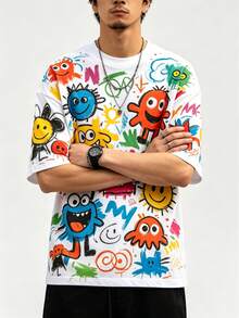 T-shirt homme à imprimé de graffiti de rue américain, motif de visage amusant, coupe ample décontractée col rond pour l'été - Blanc - Voir 4