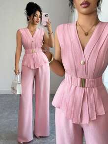 Conjunto de dos piezas de pantalones acampanados con cintura elástica y cinturón, cuello en V, frente abierto, plisado y bajo asimétrico, de tela similar al lino, para mujer, para primavera/verano, elegante, casual, para ir al trabajo, vacaciones, tarde de té - Rosa - Ver 1