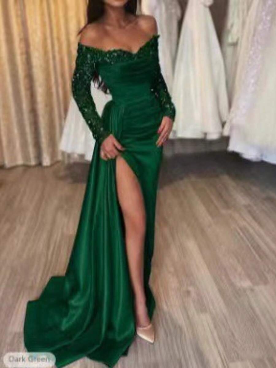 Vestido de fiesta con lentejuelas mangas largas estilo elegante para banquetes eventos y presentadoras de mujer - Verde - Ver 1