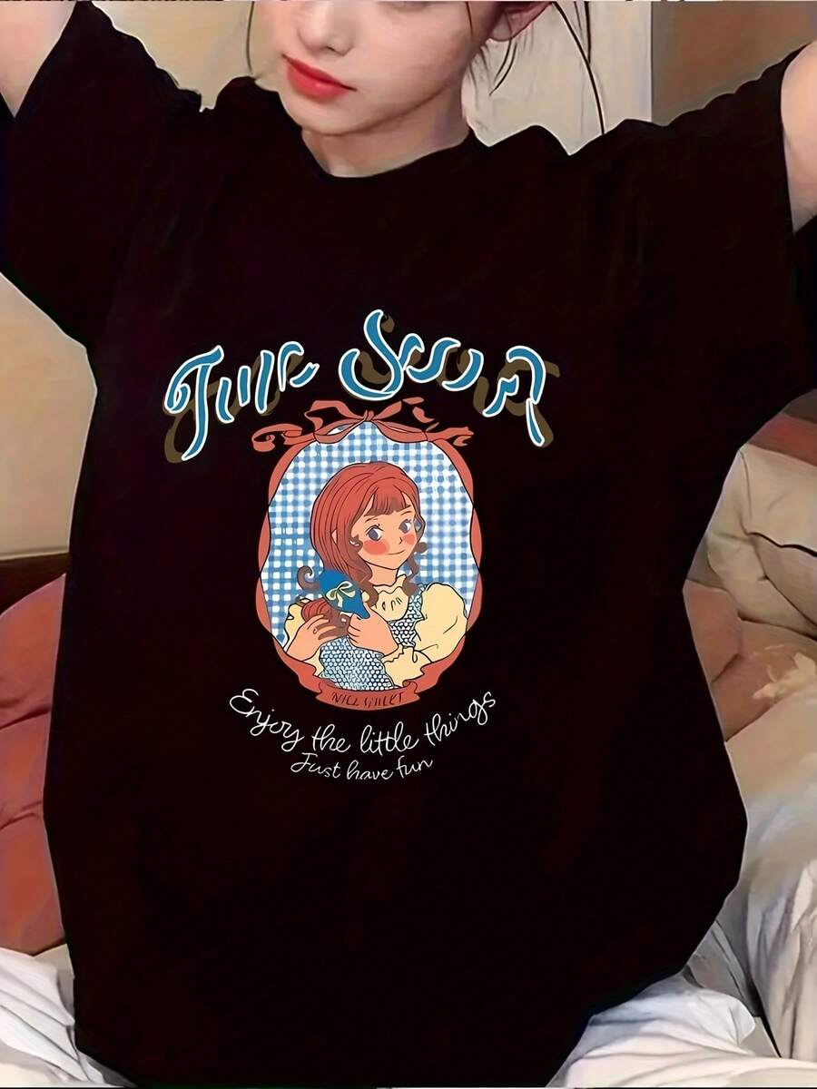 Women's Clothing / Y2K Plus Size T-Shirt - Casual Long T-Shirt, Loose Black Shirt With Cute Sailor Print, Ideal For Daily Wear And Themed Events, Machine Washable, Summer Streetwear, Comfortable Printed T-Shirt, Non-See-Through Material. - 黑色 - 查看 1