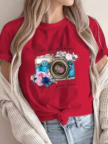 Camiseta de manga corta estampada con diseño, cuello redondo casual, ropa de mujer de talla estándar, top deportivo casual de verano, 100% algodón, lavable a máquina. 3SNK - Rojo - Ver 6