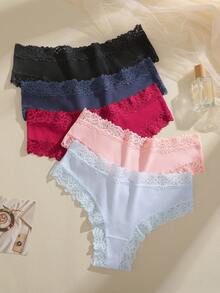 5pcs Women's Solid Color Comfortable Lace Trim Bikini Panties - Multicolor - View 4
