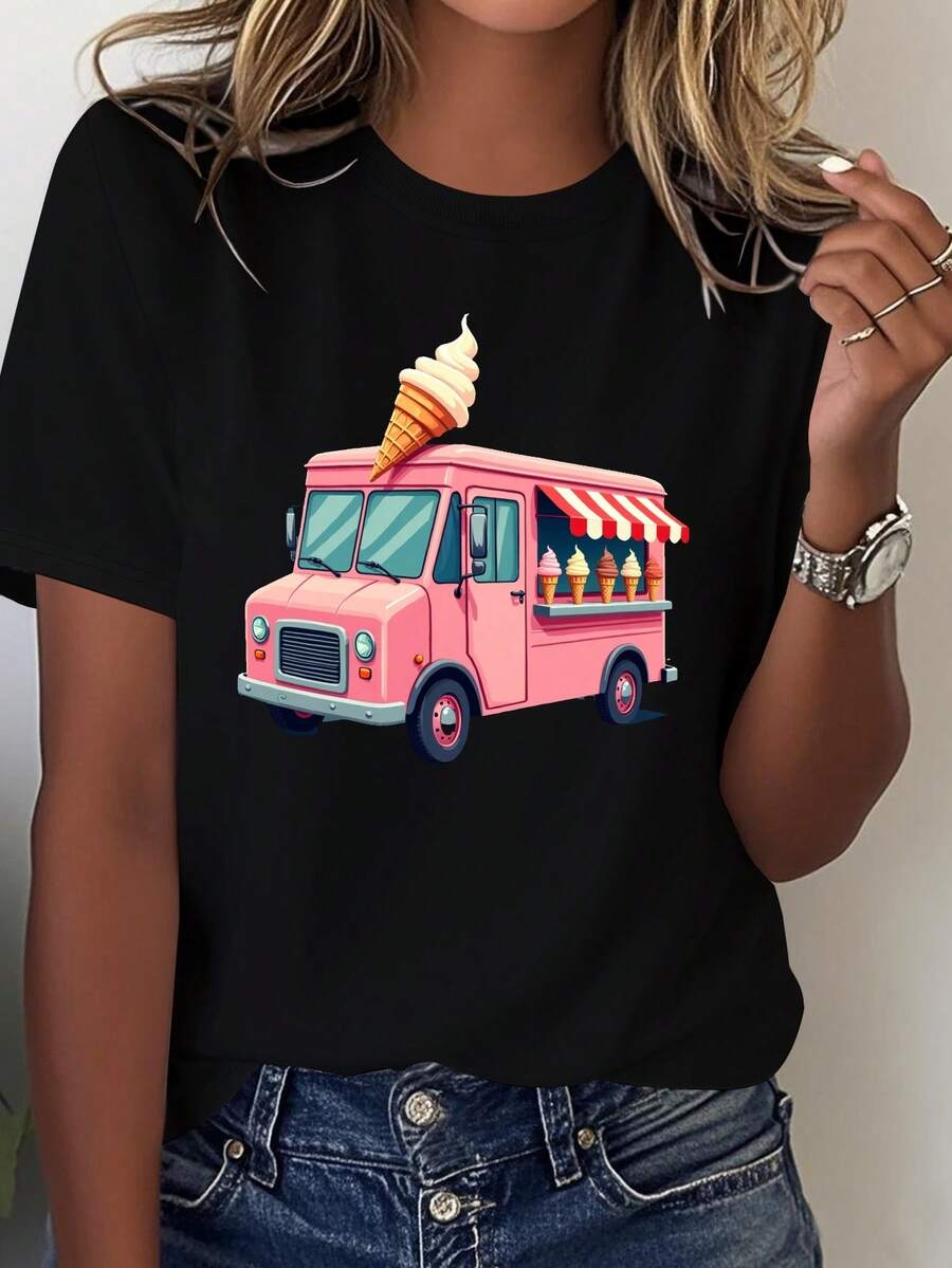 Women's 100% Cotton Graphic T-Shirt – Casual Short Sleeve T-Shirt With Round Neck And Floral And Letter Print Blouses For Women - 黑色 - 查看 1
