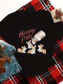 Camiseta Deportiva de Manga Corta para Mujer, Talla Grande, con Estampado de Botella de Medicina de Corgi, Ecológica - Negro - Ver 7