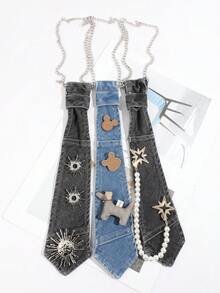 1pc Fashionable Unisex Casual Versatile Denim Style Detachable Faux Pearl Chain Teddy Bear Dog Decor Bolo Tie, Suitable For Daily Outing, Party, Date Outfit - Multicolor - View 6
