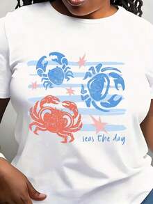 Camiseta Moderna Minimalista con Diseño de Cangrejo, Divertida Camiseta Gráfica de Verano, Camiseta Costera para Amantes de los Mariscos, Camiseta Náutica de Playa para el Día a Día - Blanco - Ver 1